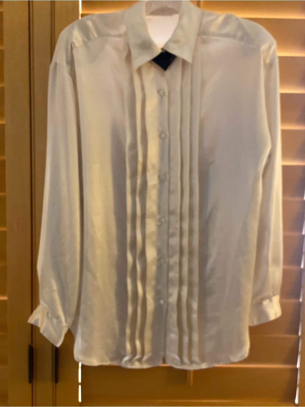 Vintage 80s Cream Silk Pleated Tuxedo Blouse Button Down Shirt